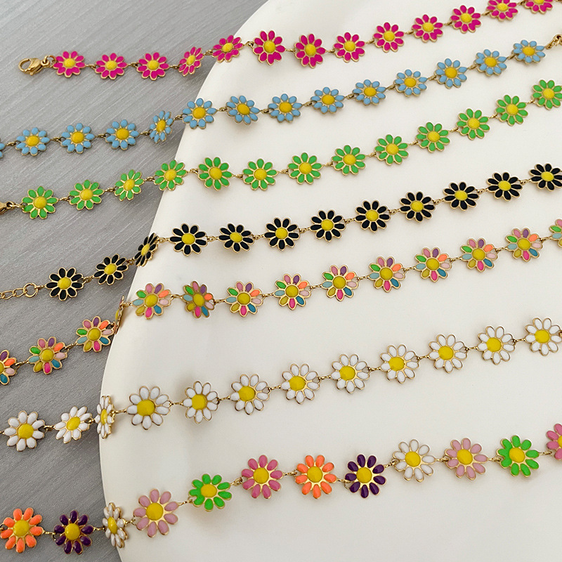 1 Set Sweet Flower Stainless Steel Enamel Women's Bracelets Necklace display picture 2