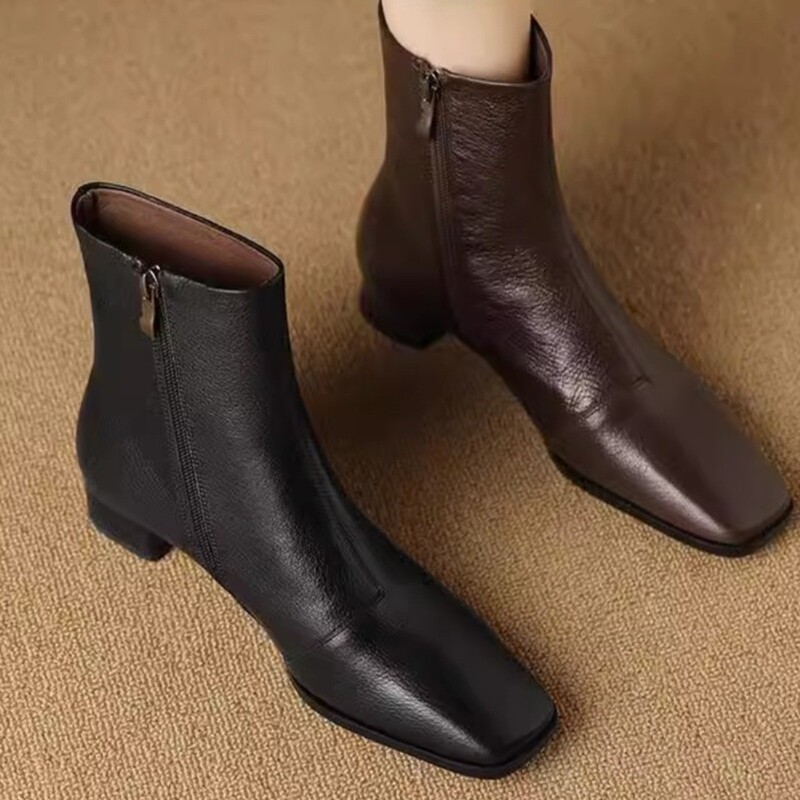 [Ready Stock] 3103-2 Black Retro Short Boots for Women 2025 Autumn and Winter New French Square Toe Thick Heel Boots