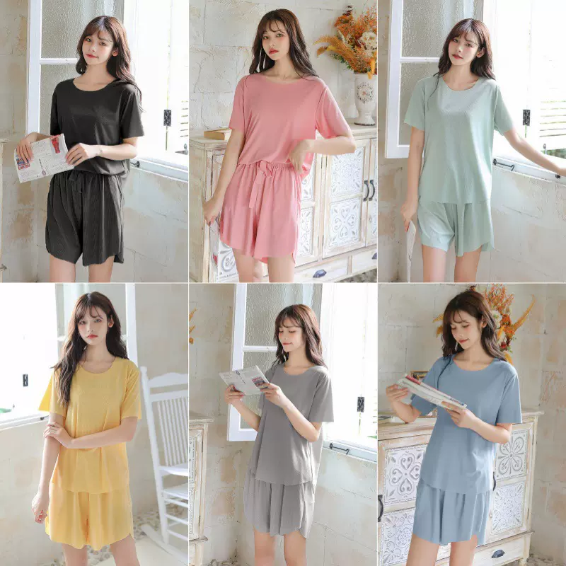 冰丝皇后时尚套装女夏季薄款果冻色软软短袖短裤懒人冰小漠家居服