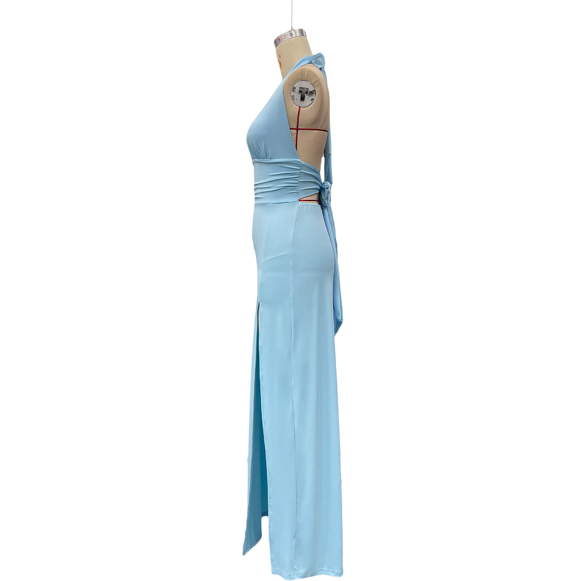 Elegant Women's Sleeveless Halter Neck V Neck Slit Long Dress European American Style Deep V Solid Color Cinching Sexy Dress_ecoleips.com