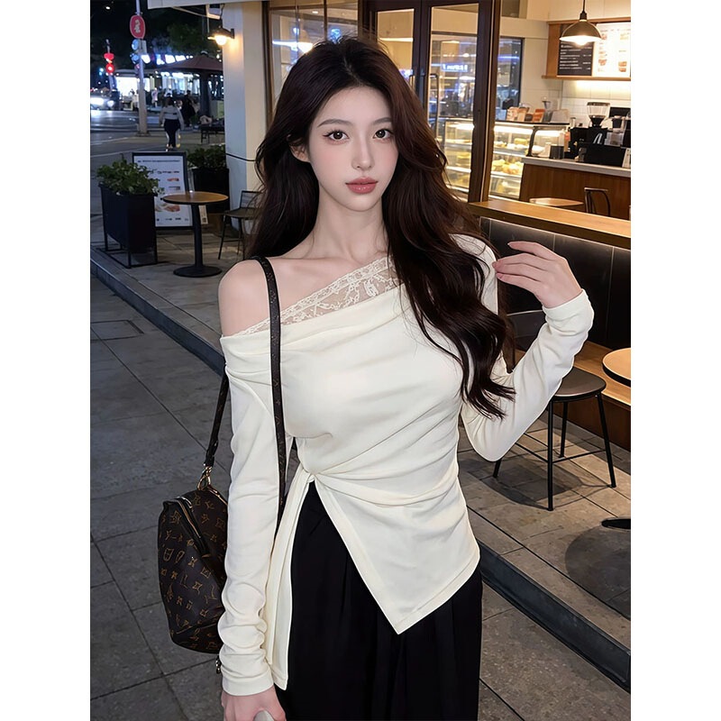 260g 1*1 Ribbed Rayon Irregular Long-Sleeve Lace Off-Shoulder Slim-Fit Versatile T-Shirt 260g 1*1 Ribbed Rayon Irregular Long-Sleeve Lace Off-Shoulder Slim-Fit Versatile T-Shirt