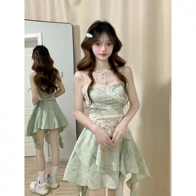 Французское мятное зеленое платье в клетку с неправильным рисунком 2024 новый женский летний премиум-дизайн чувство нишевые юбки