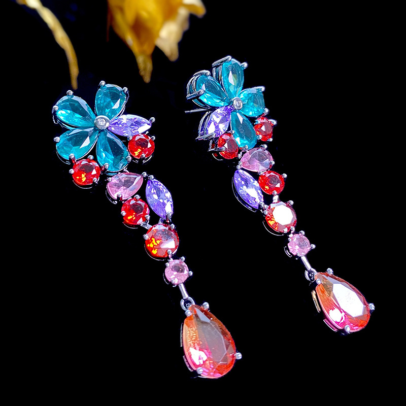 925 Sterling Silver, Copper Material 1 Pair Exaggerated Flower Inlay 925 Sterling Silver Copper Zircon Drop Earrings