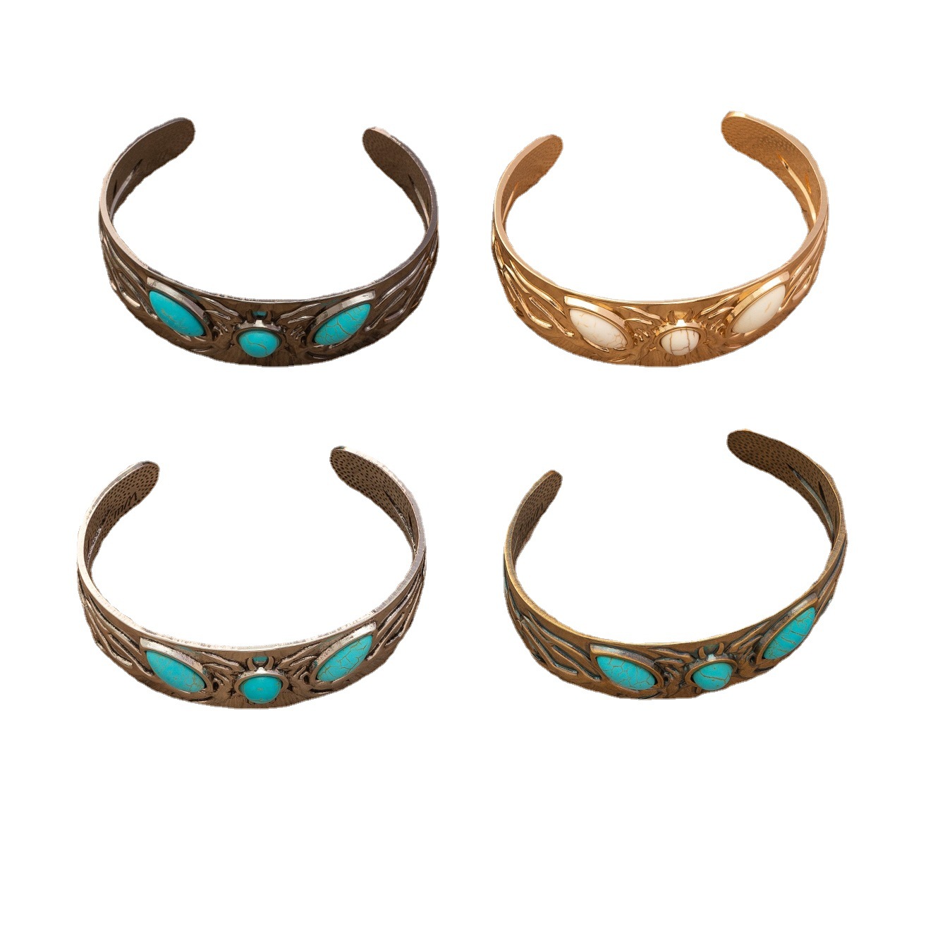 Joyería transfronteriza Vintage famoso estilo étnico pulsera abierta amplia superficie tallada exquisita textura con incrustaciones de turquesa pulsera