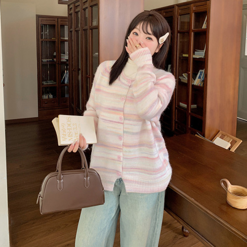 Sweet and Gentle Gradient Casual Cardigan Coat for Autumn, Fat MM Fat-Hiding Round Neck Top 411774