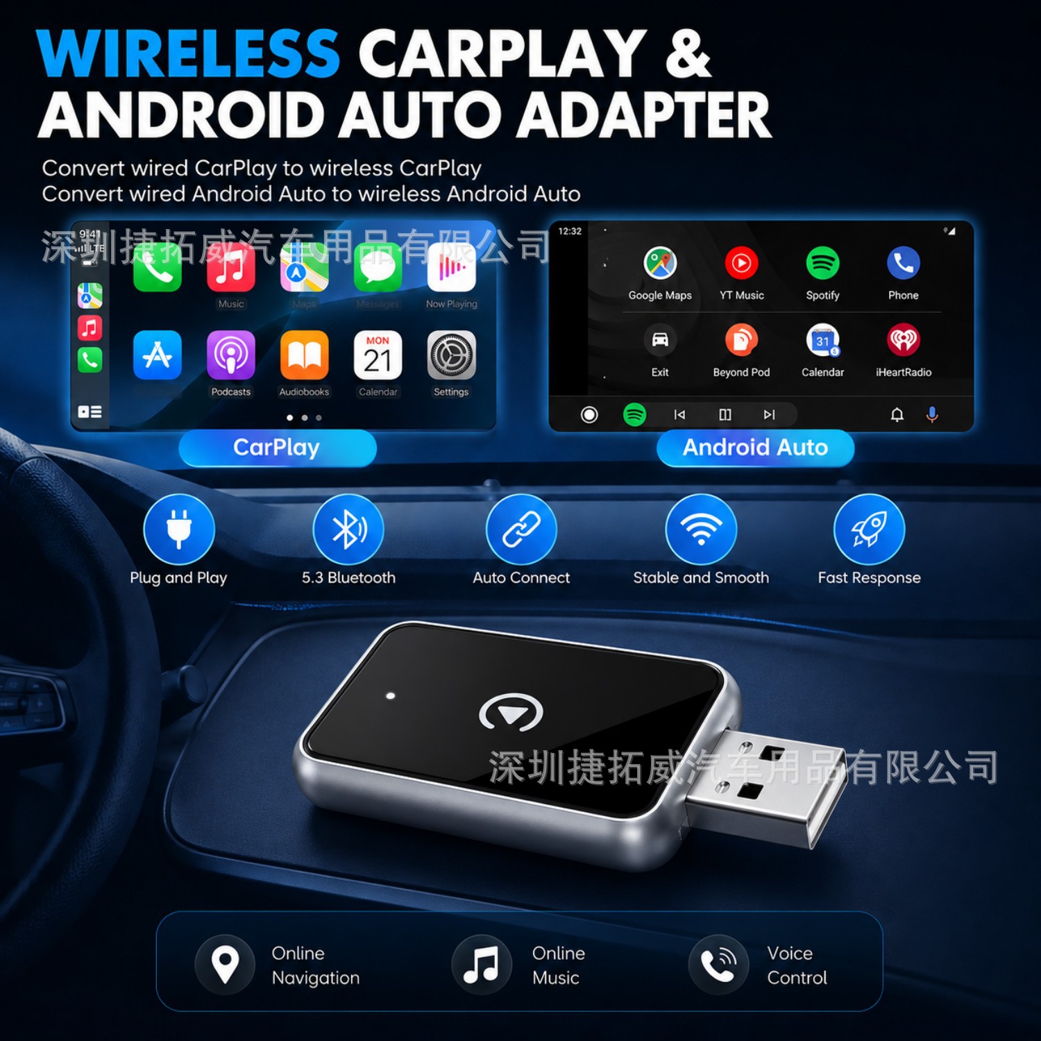 2-in-1 Wireless CarPlay Box: Converts Original Wired CarPlay to Wireless Android Auto Car System Interconnection Adapter