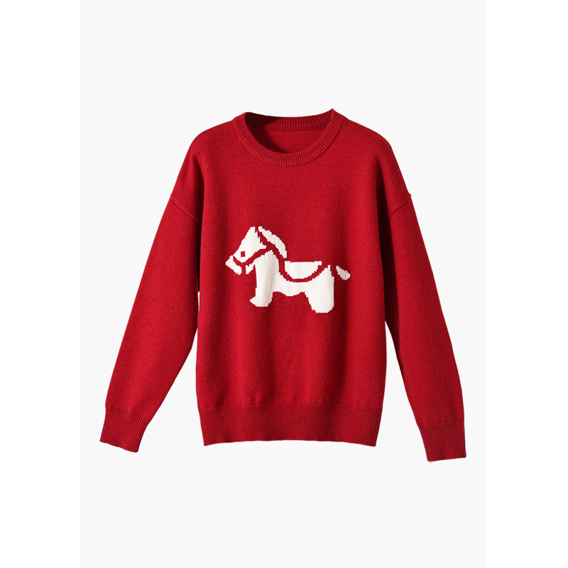 Cute Jacquard Pony Pattern Red Knitwear for Women 2025 Autumn and Winter New Round Neck Long-Sleeved Wool New Year Top