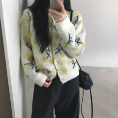 韩系慵懒风提花圆领领毛衣外套女秋冬季宽松软糯气质小众针织开衫