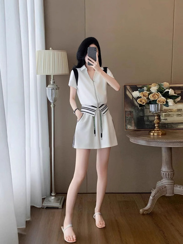 Summer New Style Elegant Fashion Loose Slimming Zipper Design Short Sleeve T-Shirt Wide Leg Shorts Two-Piece Set Women