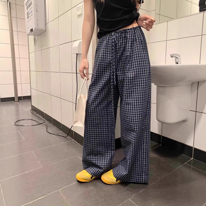 In-Stock Blue Korean-Style Plaid Casual Pants for Women 2025 Spring and Autumn New Straight High-Waisted Slimming Loose Wide-Leg Pants