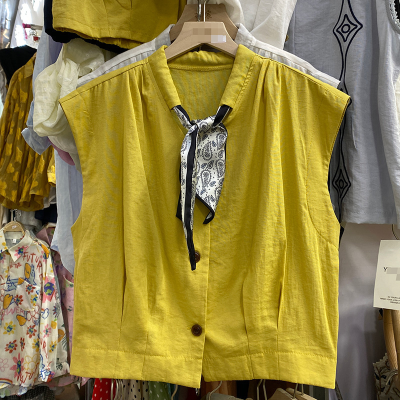 Korean Style with Silk Scarf Polo Collar Sleeveless Shirt 2025 Spring and Summer New Loose Versatile Top for Women 986K