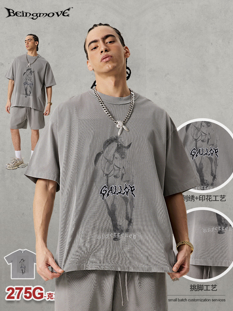 Calle secada| 2026 nueva camiseta vintage de moda americana hace vieja impresión de bordado de manga corta para hombres y mujeres