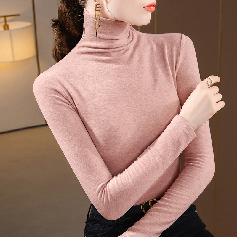 Camisa de fondo de terciopelo de seda de cuello medio alto para mujer 2024 otoño e invierno nuevo estilo de manga larga caliente y camisa ajustada