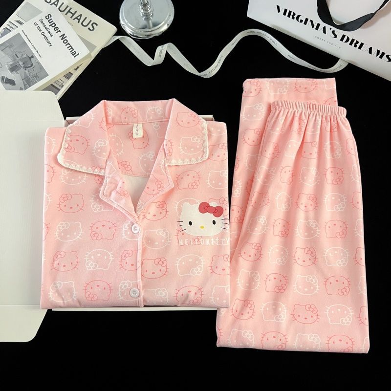 Super lindo rosa Kitty gato pijama mujer otoño invierno calentamiento de terciopelo de manga larga pantalones largos set de ropa para el hogar de alto valor