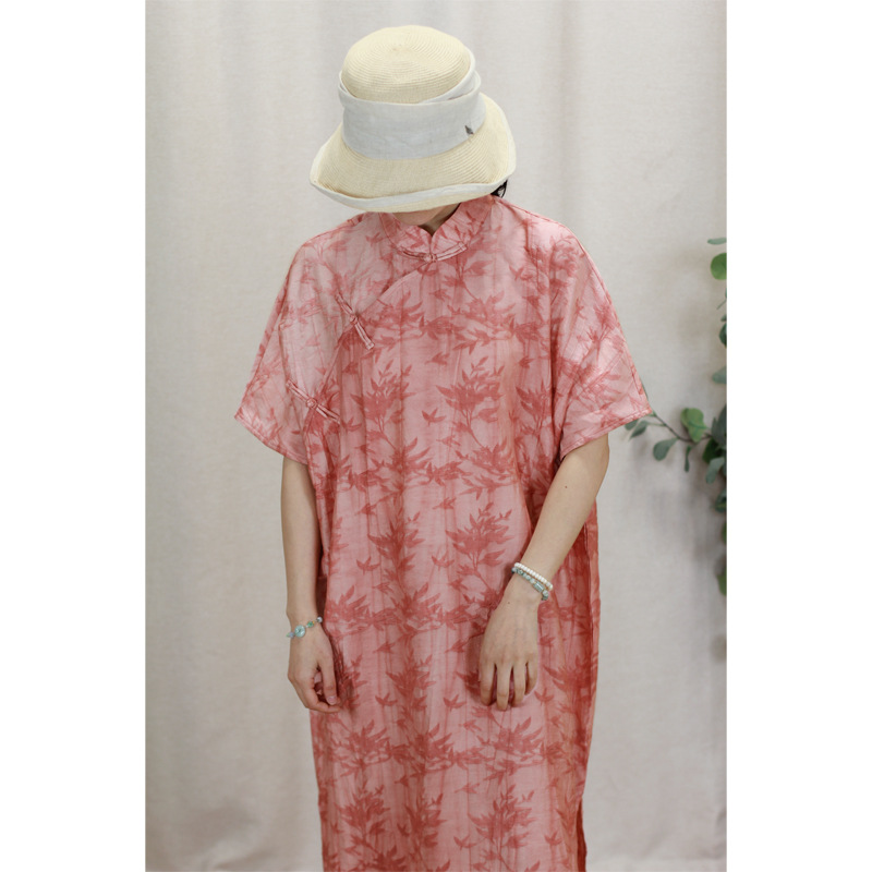 2532竹叶炒色压皱新中式一字盘扣立领斜襟短袖旗袍复古宽松连衣裙