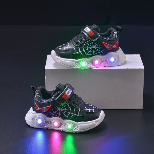 Spring and Autumn Lighting Children's Leather Spider Web LED Light-up Sports Shoes for Young Boys, Casual Sports Shoes