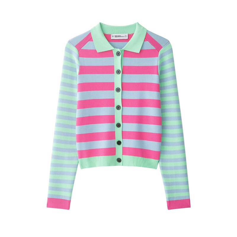 Women's Fashion 2026 European and American Style Versatile Single-Breasted POLO Collar Striped Knit Sweater Jacket B7183 Women's Fashion 2026 European and American Style Versatile Single-Breasted POLO Collar Striped Knit Sweater Jacket B7183