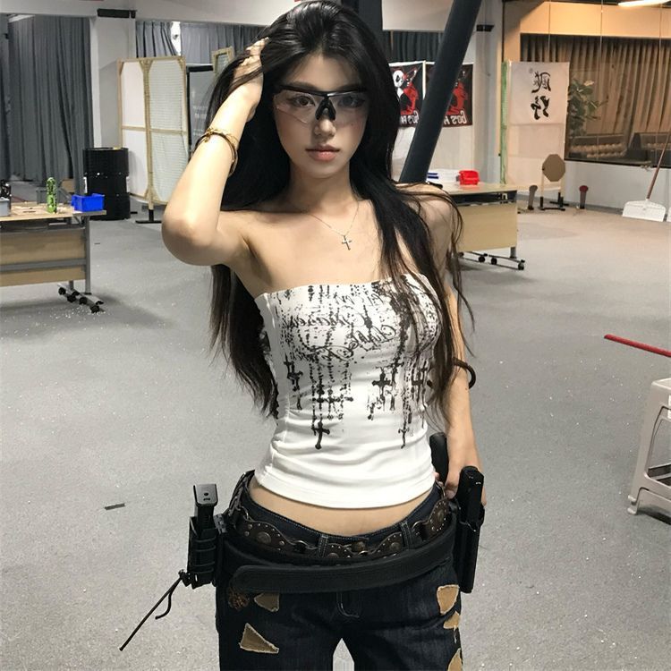 アメリカンレトロなパーソナライズされたプリントチューブトップ女性の夏ニッチホットガールスタイルスリムフィットショートシックトップ|undefined
