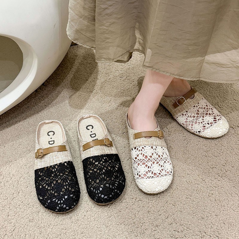 Retro Flats-Soled Slip-On Shoes for Women 2025 New Round-Toe Toe-Cap Half Slippers for Women Cut Out Fashion Slippers