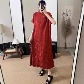 V领斜襟中式人丝重工提花复古文艺女式长款气质百搭显瘦连衣裙女