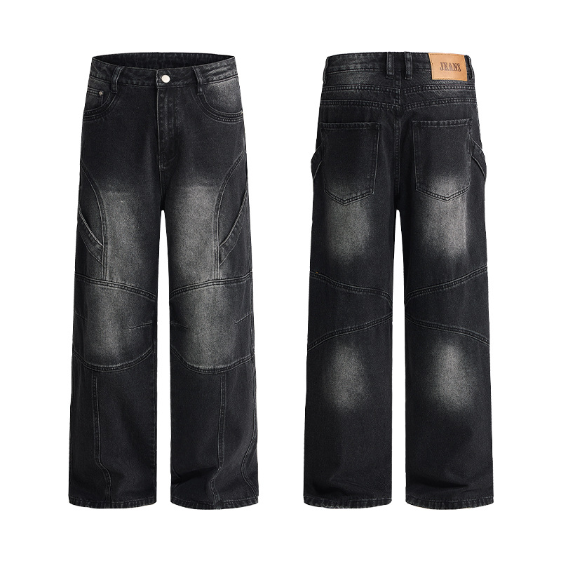 LKTM Herren-Arbeitshose aus robustem Denim, amerikanische Streetwear-Motorradjeans mit Kniepolstern, lockerer, gerader Schnitt, mittelhoher Bund, Baumwolle_voghion.com
