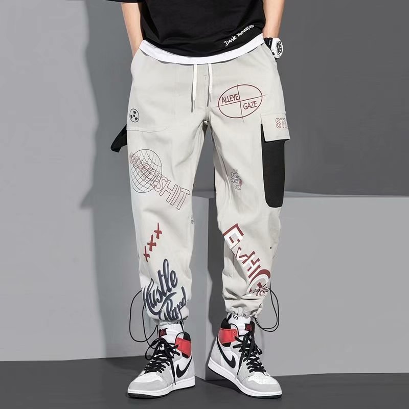 Verano graffiti impreso overoles marca de moda de los hombres sueltos 2022 pantalones casuales rectos ins cordón tobillo-atado pantalones hombres