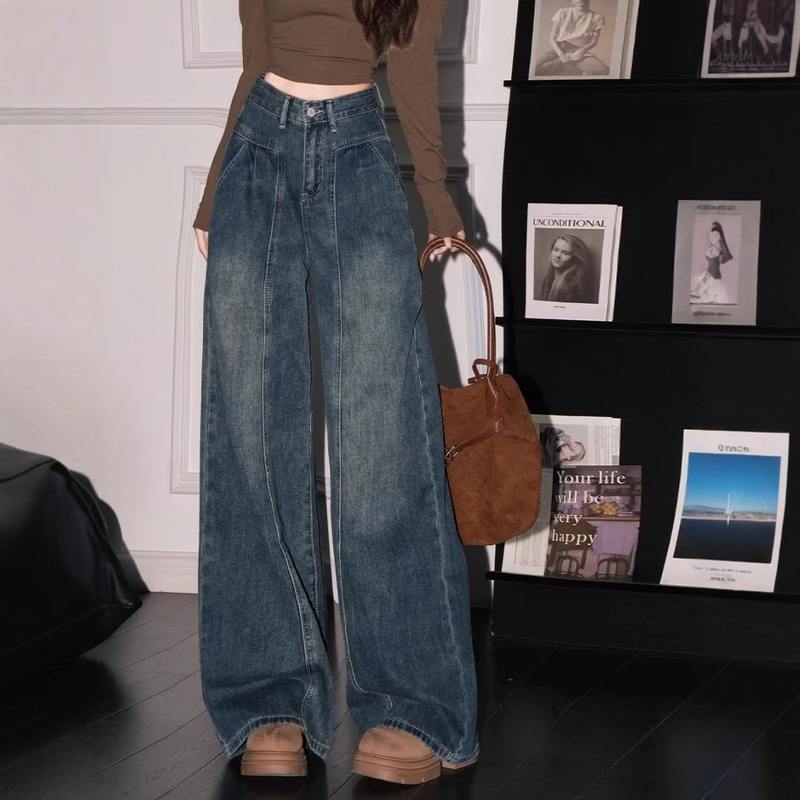 Plus-Size Vintage American-Style Jeans for Women, Autumn and Winter, for Curvy Figures, High-Waisted, Slimming, Straight-Leg, Wide-Leg Pants