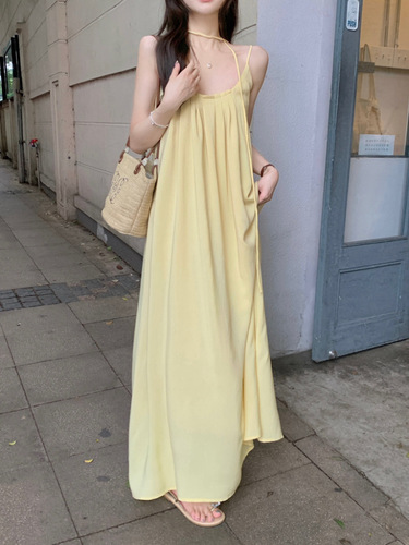 Original Version Style: Seaside Vacation Style Yellow Strap Dress for Women Summer Loose Casual Beach Dress Fairy