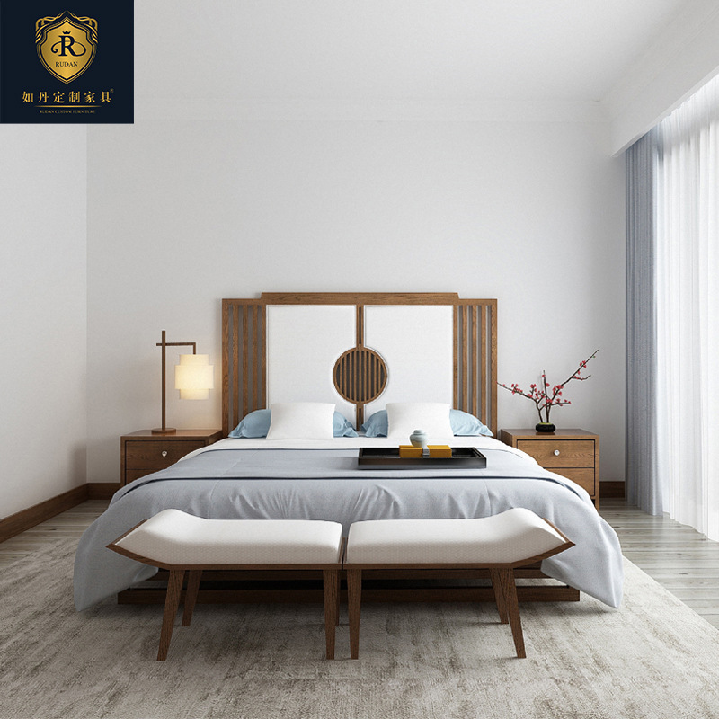 Source Manufacturer Customized Star Hotel Furniture Homestay Apartment Guest Room Solid Wood Bed Soft Bed Furniture Project Complet