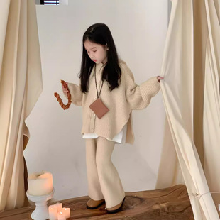 Children's Sweater Set 2025 Autumn and Winter Girls' Solid Color Knitted Two-Piece Set Kidsren's Thickened Hooded Woolen Thickened Warm Clothing