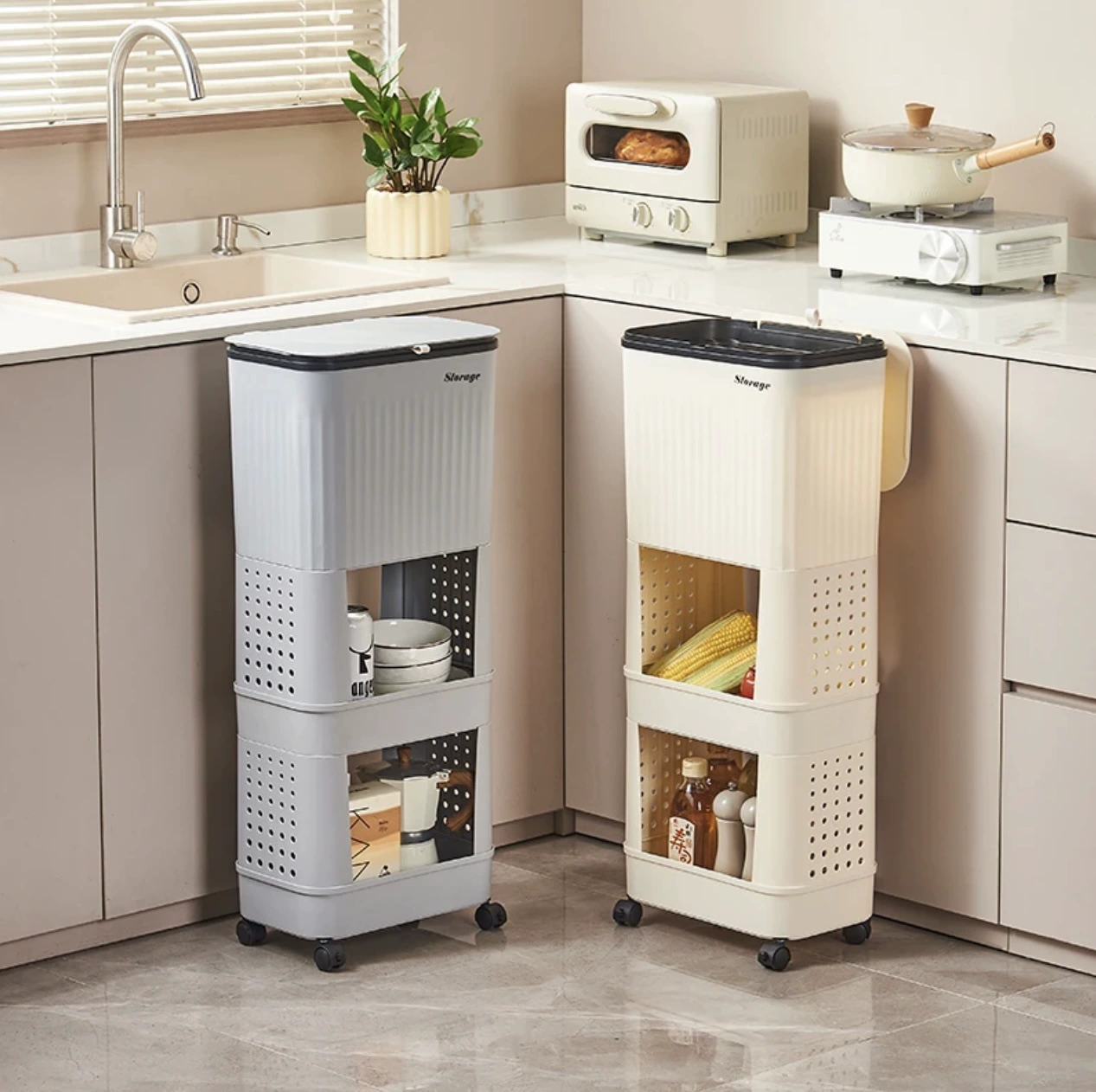 Кухонная стойка для хранения мусорного бака, санитарное ведро большой емкости с крышкой, съемная стойка для хранения, многослойная стойка для хранения на колесах