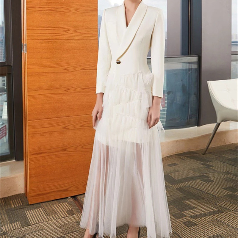 22 Spring Goddess Temperament Suit Mesh Stitching Long Jacket Cake Dress Long Dress Banquet Dress Fashion Temperament