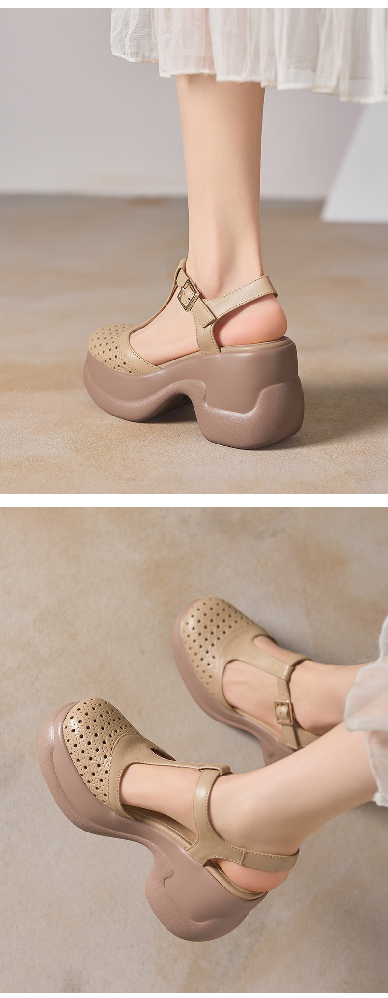 Sandal cao gót nữ quai ngang khóa T, đế dày 9.5 cm, gót thô — màu trắng ngà chi tiết 5