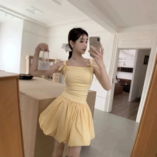 （专属）奶黄色连衣裙女夏季甜美初恋吊带花苞裙鹅黄蓬蓬裙涤纶东