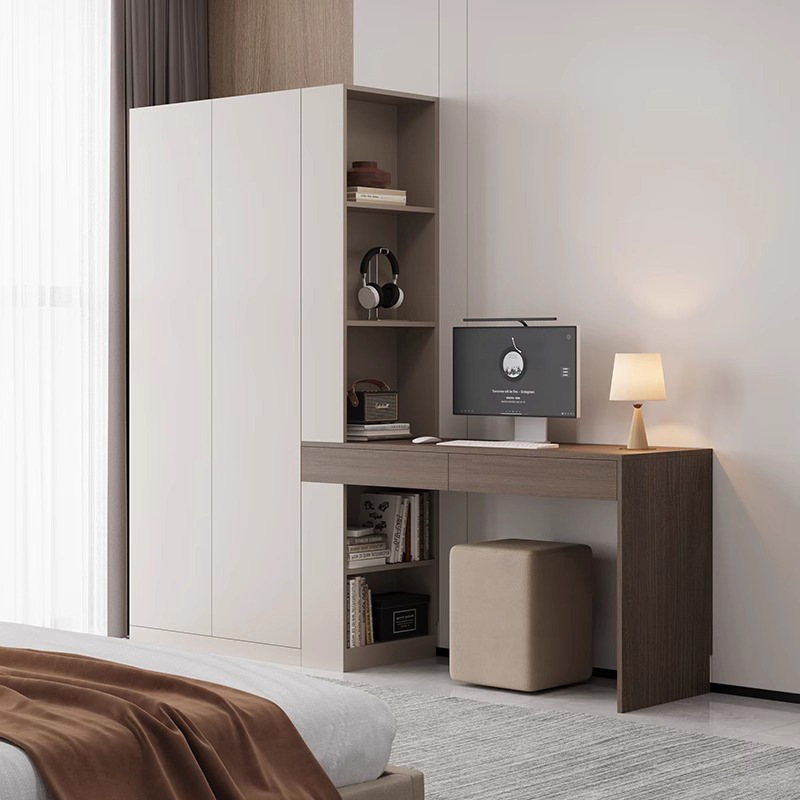 Solid Wood Desk and Wardrobe Integrated Computer Desk with Bookshelf Children's Study Desk Storage Cabinet Silk Flower Universal