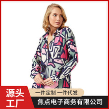 跨境欧美风亚马逊夏季印花开衫气质通勤单排扣女士复古长袖衬衫