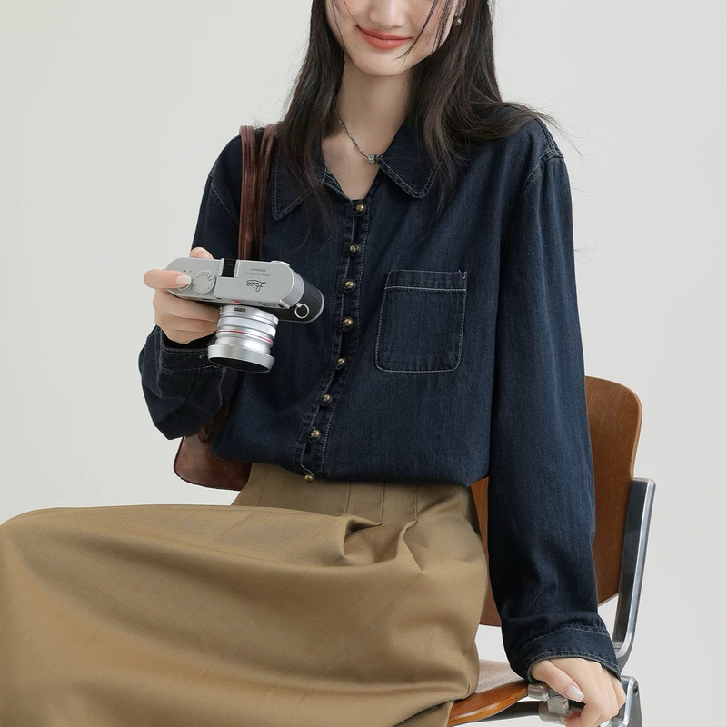 2025春秋新款POLO领复古长袖牛仔衬衫女宽松港风设计感衬衣外套潮|undefined