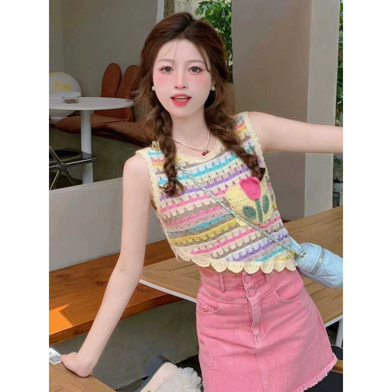 Летний допамин носит цветной полосатый камзол жилет женский дизайн чувство нишевые свободные без рукавов модные короткие топы
