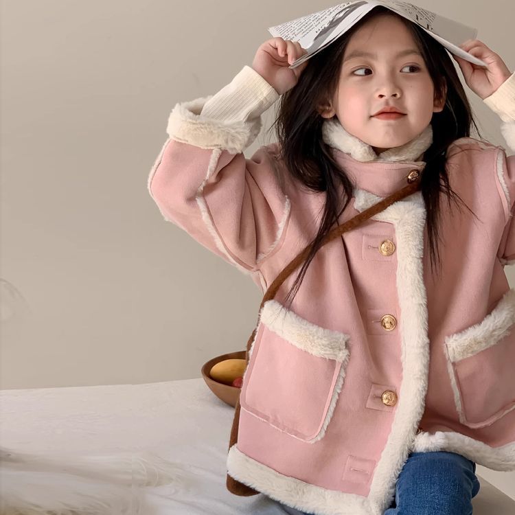 女童加绒加厚皮毛一体机车皮外套2023冬中小童羊羔毛保暖大衣棉服