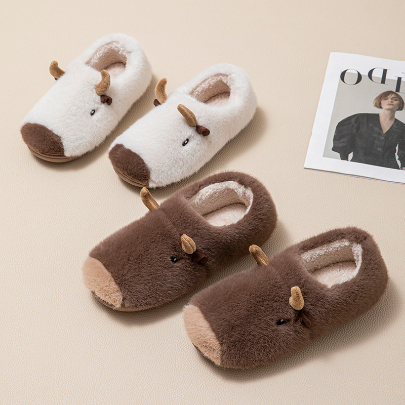 Kapibala Cow Warm Cotton Slippers for Women Winter Bag Heel Cartoon Cute Plush Home Cotton Slippers for Couples Winter