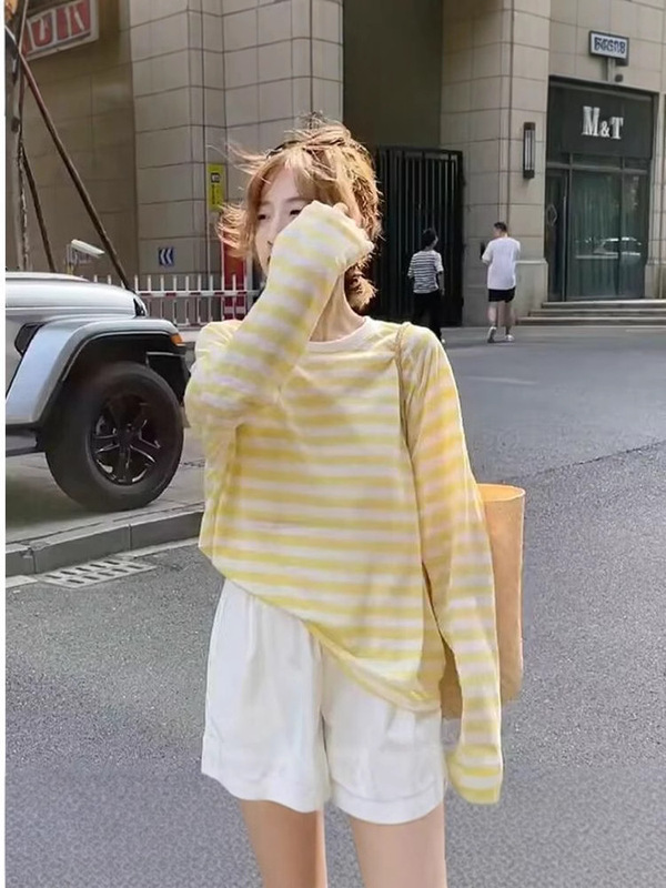 【工場在庫あり】テンセルリブ+ソロナコントラストストライプ日焼け止めブラウス夏ゆったり薄手Tシャツ|undefined