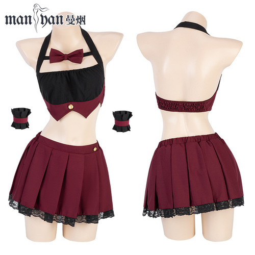 Manyan Sexy Lingerie Sexy Hollow Halter JK Student Pleated Skirt Uniform Suit One Piece Dropshipping 8592