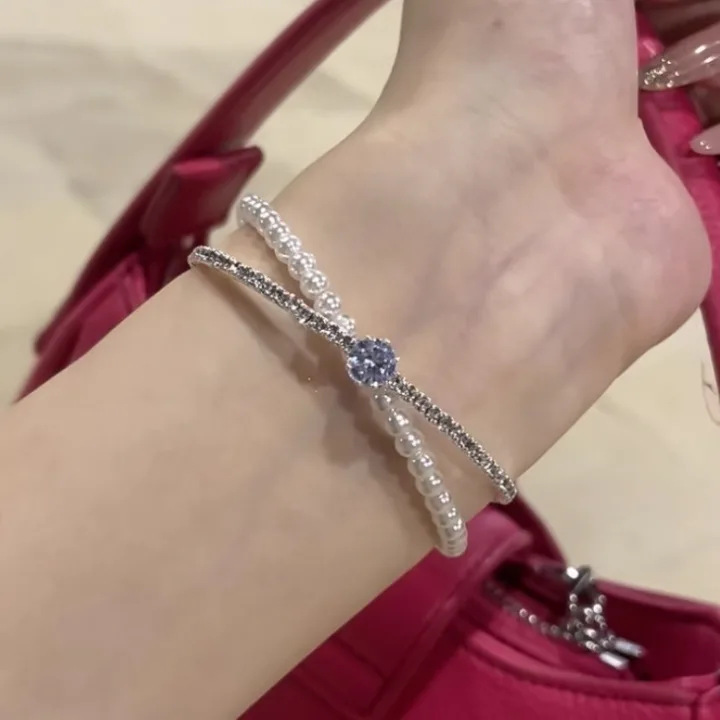 Diamond-Encrusted Double-Layered Pearl Beaded Open Bracelet, French Retro Palace-Style Bracelet, Light Luxury, High-End, Elegant Hand Jewelry