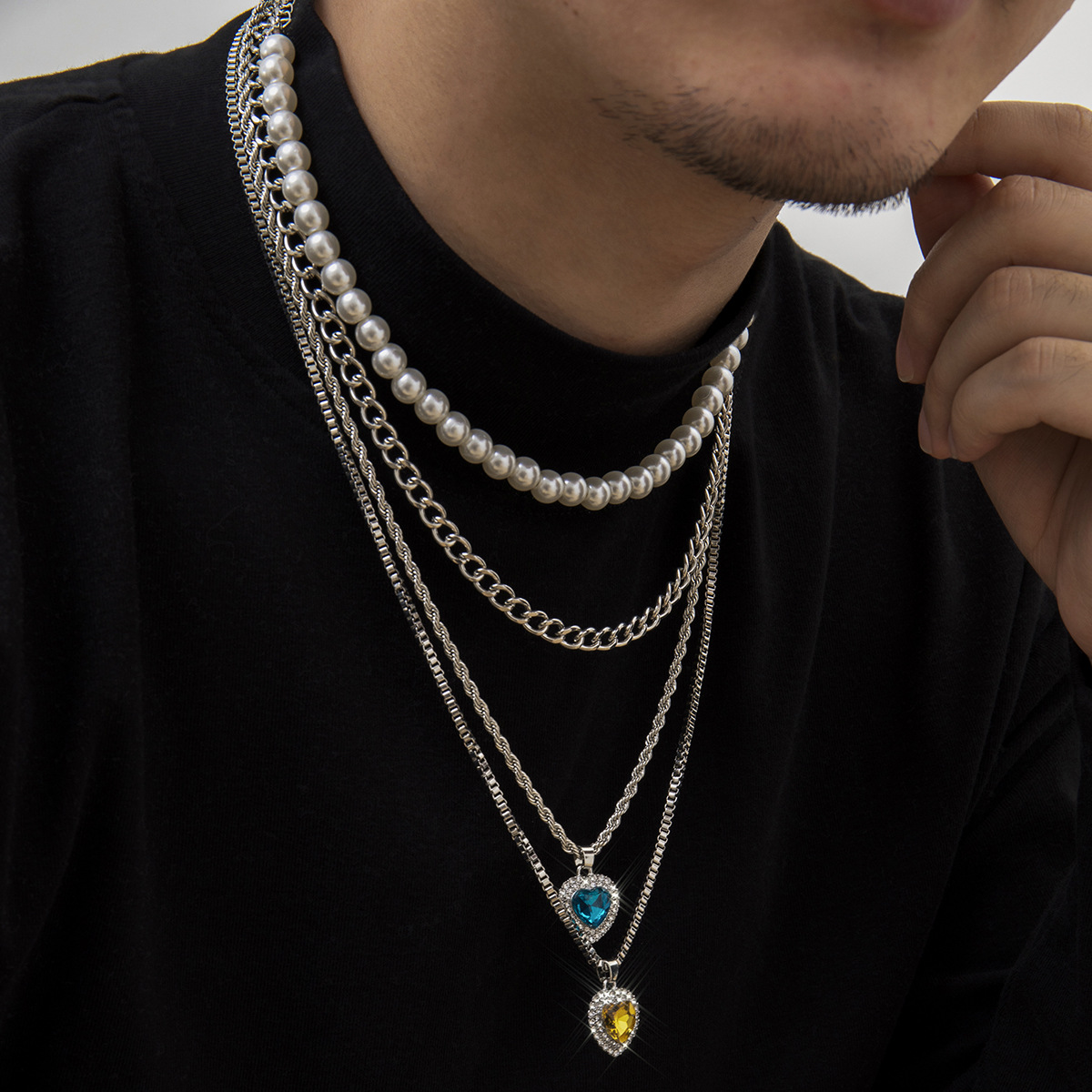 Hip-Hop Heart Shape Artificial Pearl Alloy Plating Rhinestones Menu0027S Layered Necklaces
