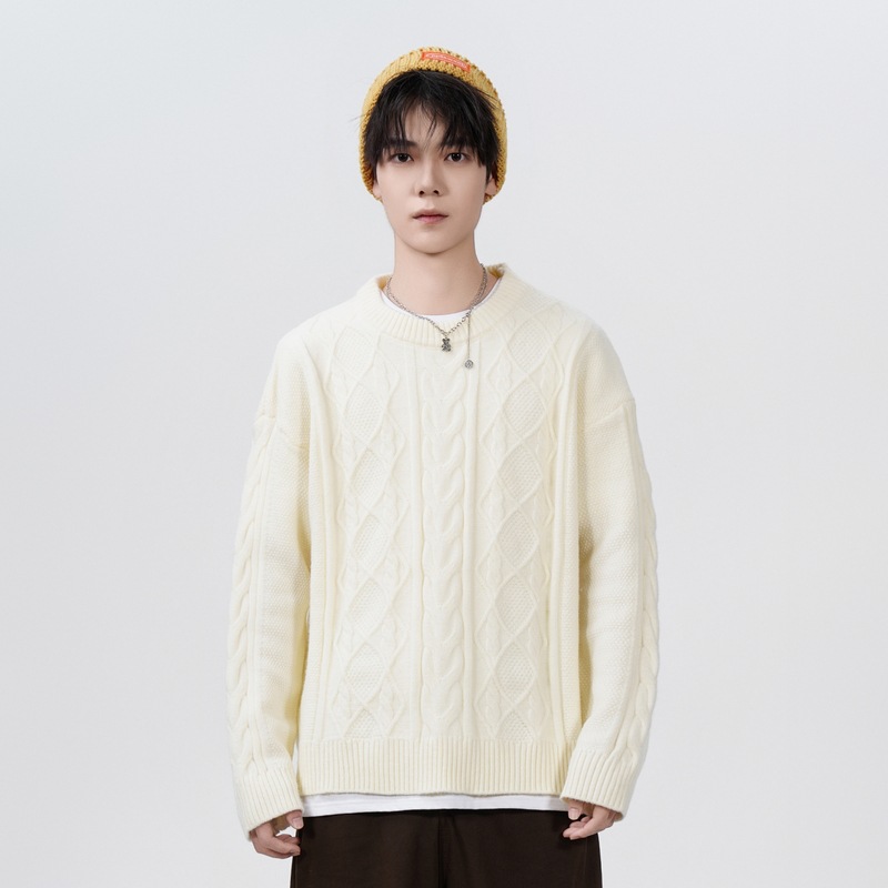 Maglione oversize morbido da uomo in maglia - Pullover girocollo ampio con dettaglio distintivo vintage, traspirante e lavabile in lavatrice_voghion.com