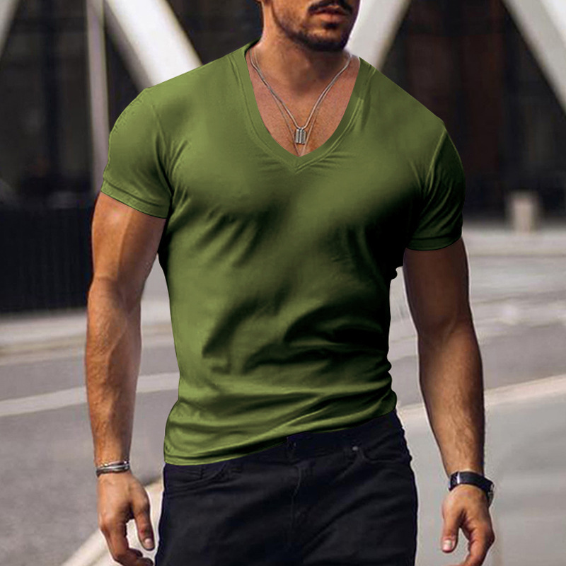 2024 Men's R cotton top summer V-neck solid color large casual T-shirt short sleeved new_voghion.com