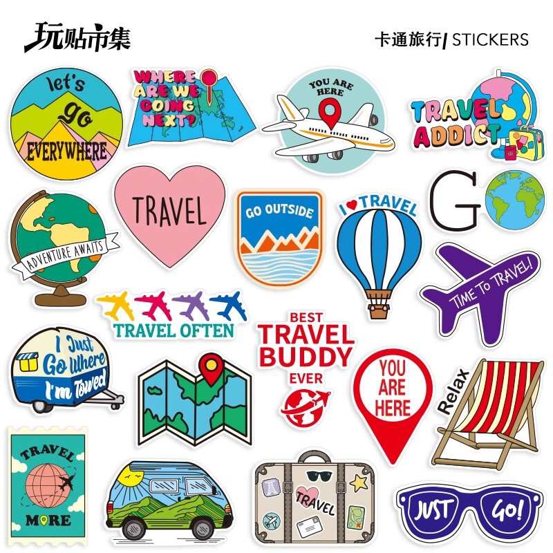 Cartoon Travel Colorful Outdoor Airplane Hot Air Balloon Sticker Suitcase Laptop Waterproof Sticker