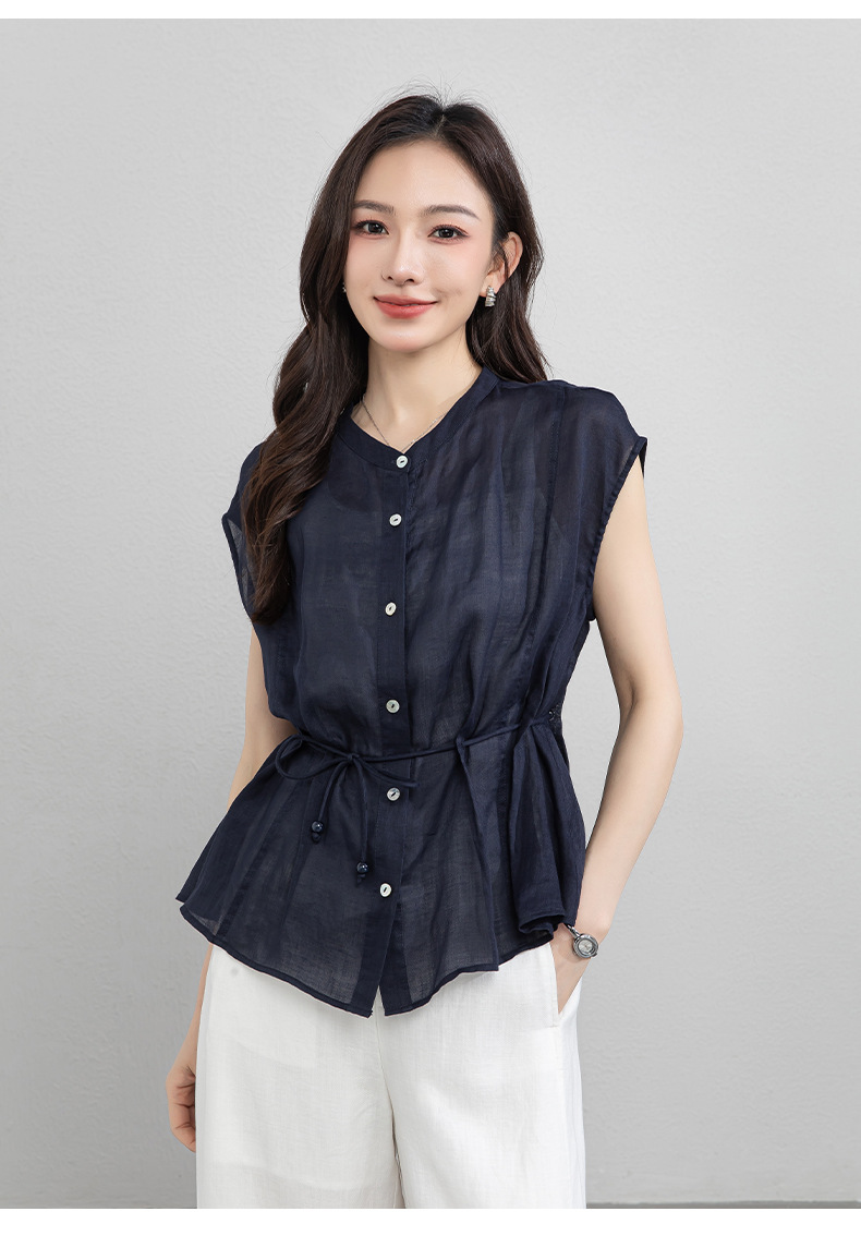 Áo sơ mi nữ linen tay không cổ đứng thắt eo dây rút thoáng mát — Ánh trăng trắng chi tiết 19