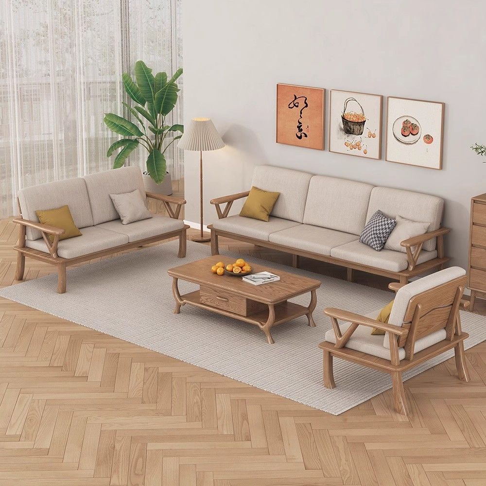 2025 New New Chinese Style Solid Wood Sofa 2024 New Ash Wood Modern Simple Living Room Winter and Summer Dual-Use Sofa