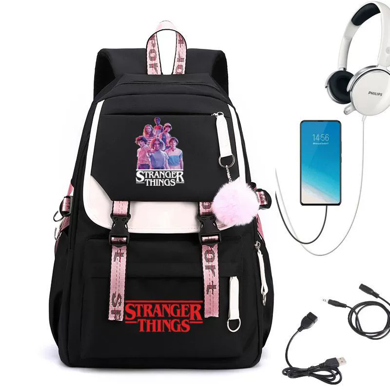 Рюкзак школьный (Stranger Things) с принтом Hellfire Club, USB‑порт, мягкая спинка, чёрно‑розовый